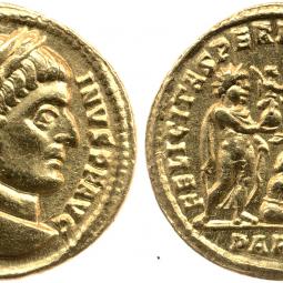 front and back of a gold coin. one side has the head of Constantine the Great wearing a laurel, the other shows Empirar Constantine receiving a globe