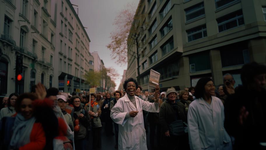 Photograph of a woman in the center of a protest